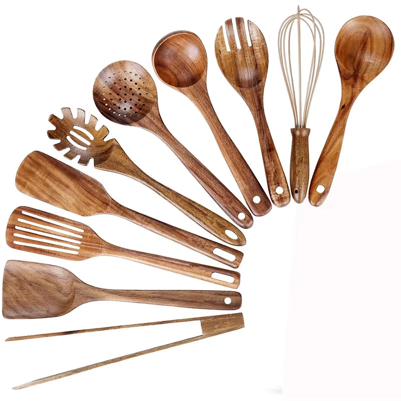 10 Pack Natural Teak Wooden Kitchen Utensil Set Wooden Spoons Spatula Cooking Utensil Set for Cooking Baking JT503