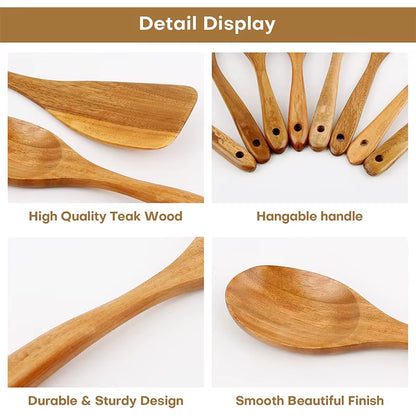 10 Pack Natural Teak Wooden Kitchen Utensil Set Wooden Spoons Spatula Cooking Utensil Set for Cooking Baking JT503