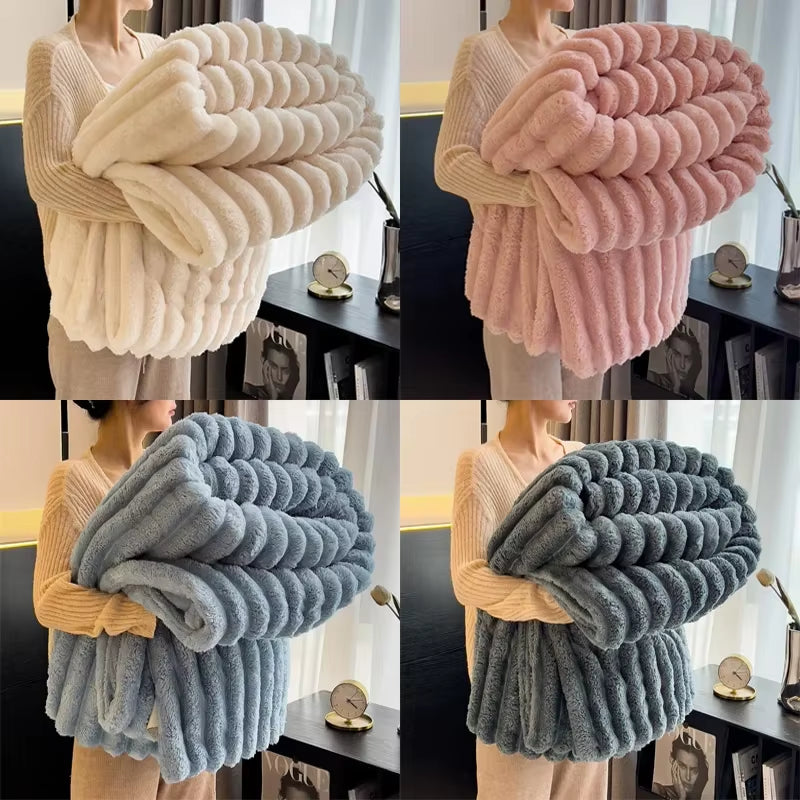 1Pc Throw Blanket for Bed - 250GSM Soft & Warm Fluffy Blanket, Decorative Striped Blankets for Winter Nap / Sleep
