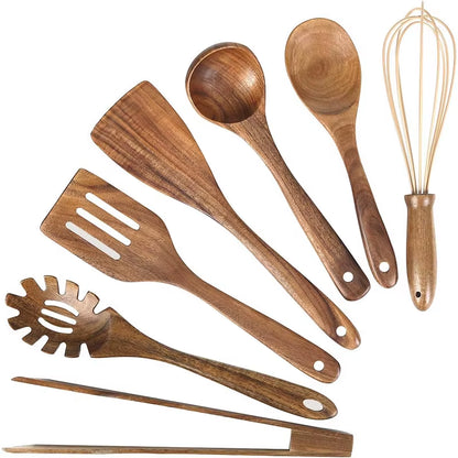 10 Pack Natural Teak Wooden Kitchen Utensil Set Wooden Spoons Spatula Cooking Utensil Set for Cooking Baking JT503