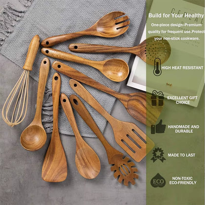 10 Pack Natural Teak Wooden Kitchen Utensil Set Wooden Spoons Spatula Cooking Utensil Set for Cooking Baking JT503