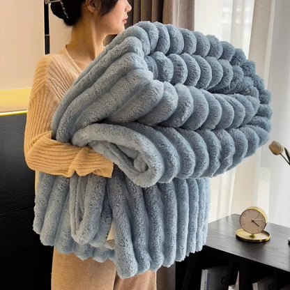 1Pc Throw Blanket for Bed - 250GSM Soft & Warm Fluffy Blanket, Decorative Striped Blankets for Winter Nap / Sleep